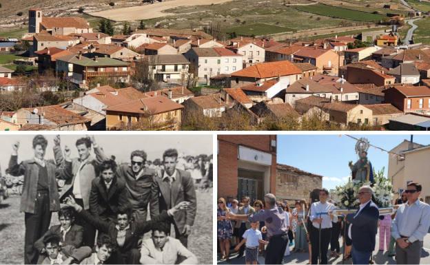 Arriba, vista general del pueblo. Debajo, quintos del año 1959 y jotas ante la Virgen de Matute.