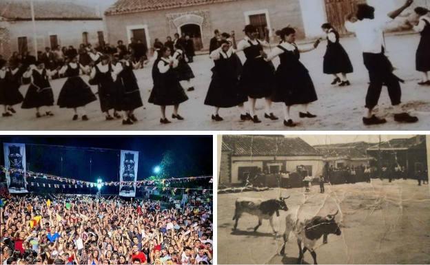 Arriba, bailes regionales en la Plaza Mayor de Nueva Villa de las Torres hace años. Debajo, multitudinario concierto durante las fiestas de Santa Isabel de 2019 y uno de los antiguos encierros. 