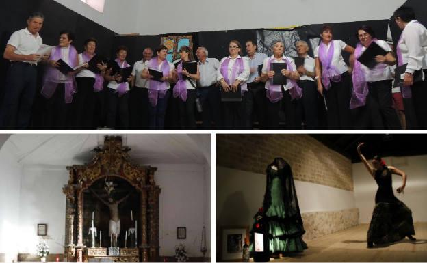 Arriba, integrantes del coro. Debajo, Santo Cristo de las Eras en su ermita y espacio expositivo sobre la danza clásica española.