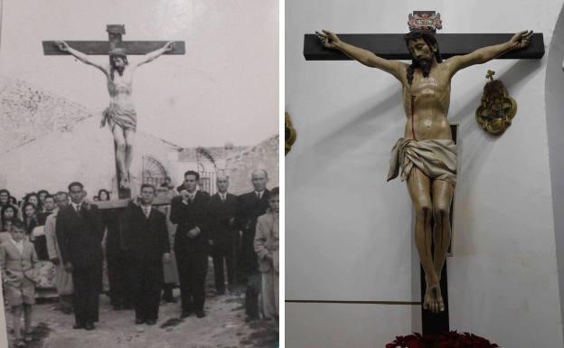 La procesión del Cristo del Amparo del 3 de mayo del año 1953 y la talla en la actualidad.