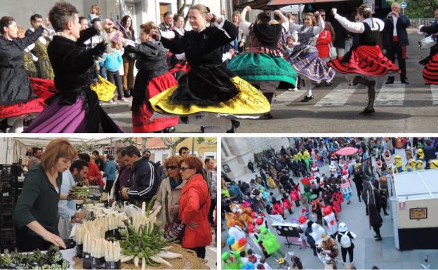 Arriba, bailes tradicionales durante la Feria del Espárrago. Debajo, uno de los puestos de venta de este producto y colorista y multitudinario carnaval.