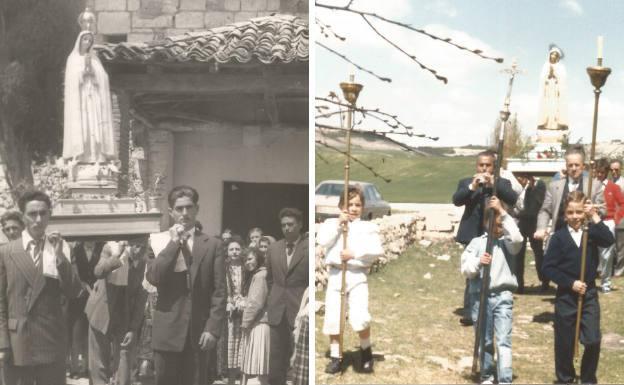 La Virgen saliendo de la ermita en 1956 y Nuestra Señora procesionando junto al templo.