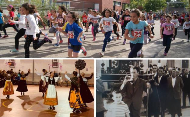 Arriba, carrera popular con los niños como protagonistas. Debajo, jotas tradicionales y procesión del Corpus Christi en los años sesenta.