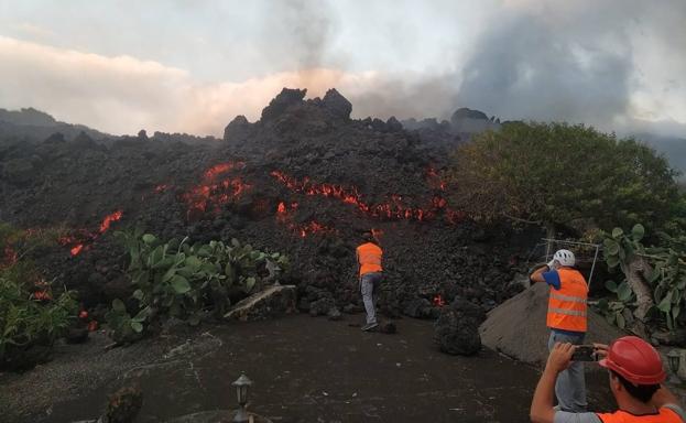 Técnicos de Involcan toman muestras de la lengua de lava en La Palma.