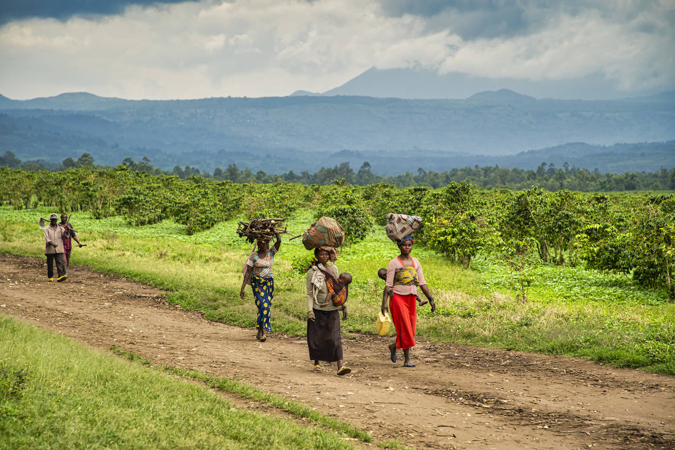 Mujeres de Rubare (Congo) vuelven de trabajar en el campo al atardecer