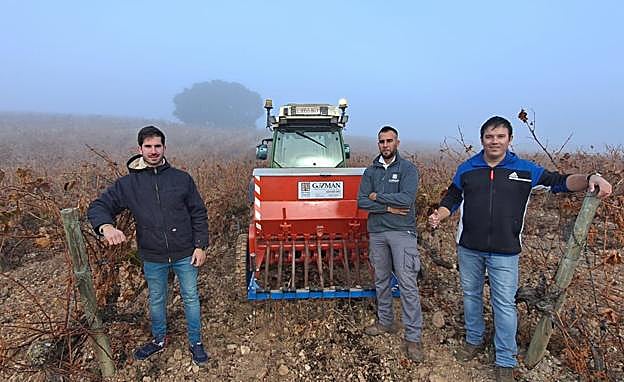 David Ayala, Brahim y Nacho Rincón en los viñedos de Bodegas Pinea. 