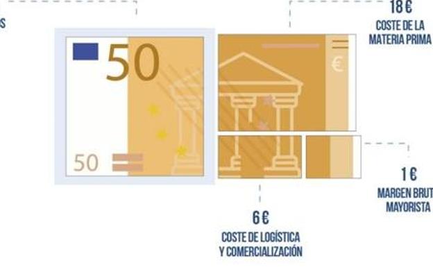 En 50 euros de combustible, 25 se corresponden con impuestos, 18 es el coste del producto, 1 euro es el beneficio del mayorista, y 6 se los llevan los costes de logística