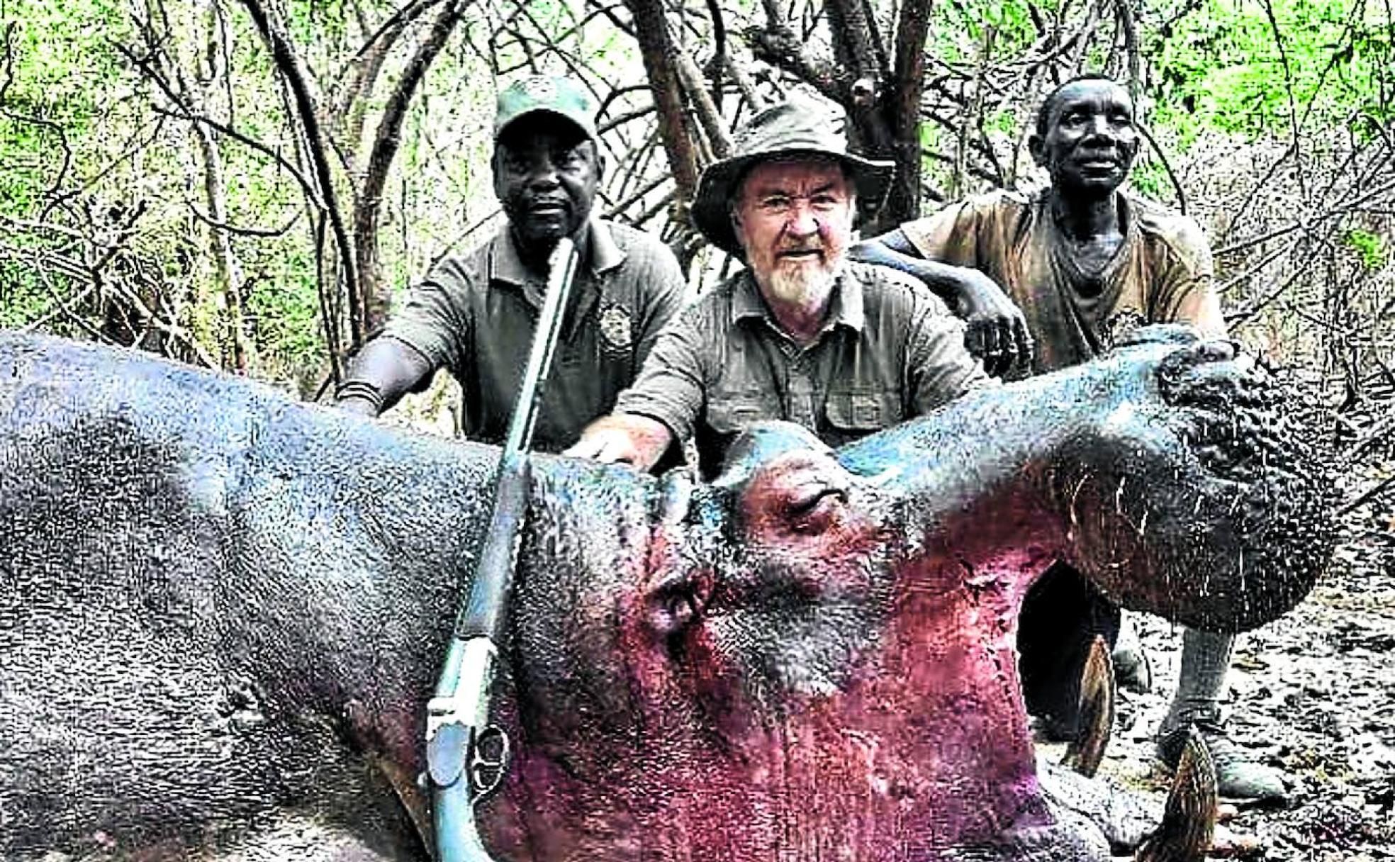 Trofeo. Un cazador posa con un hipopótamo abatido en una finca del cono sur africano, flanqueado por un guarda gubernamental y un rastreador.