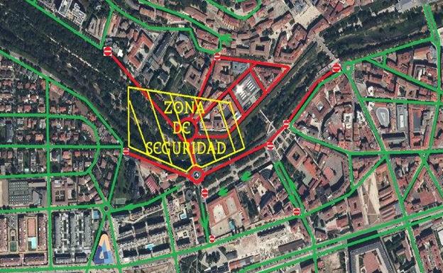 Zona de seguridad alrededor del Puente de Castilla donde se realizarán los espectáculos pirotécnicos durante los Sampedros 2022