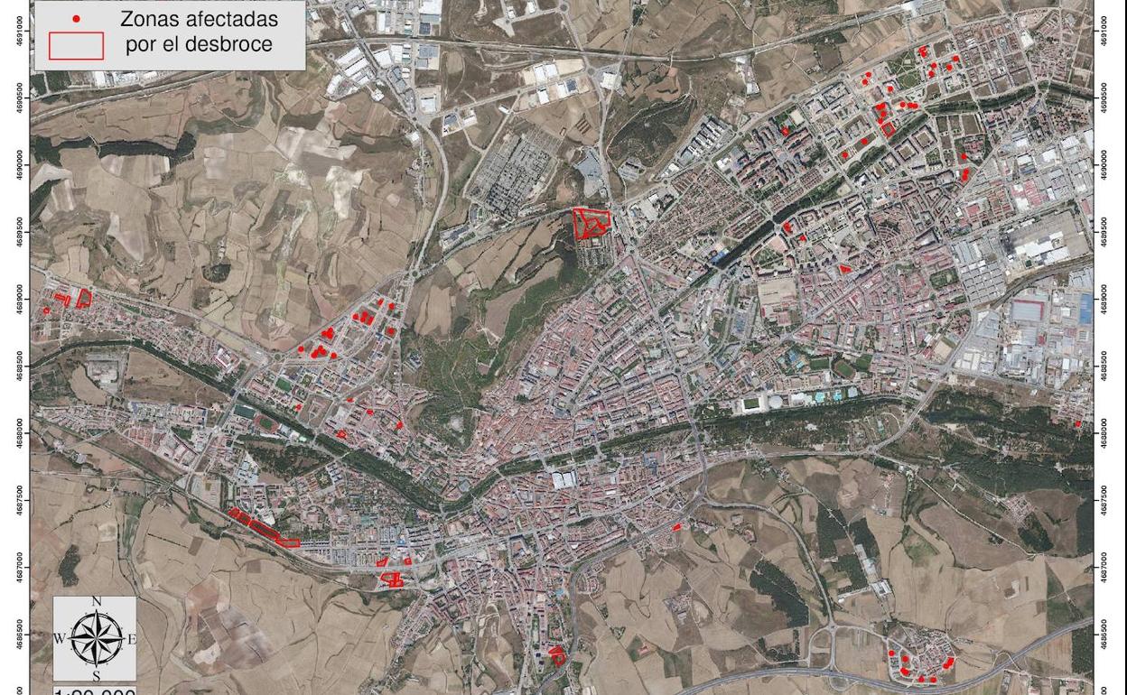 Plano de las zonas de actuación de la campaña de limpieza de solares en Burgos