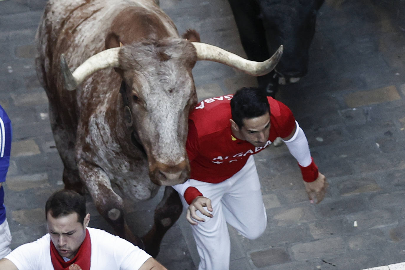 Los mozos corren ante los toros de la ganadería Victoriano del Río.