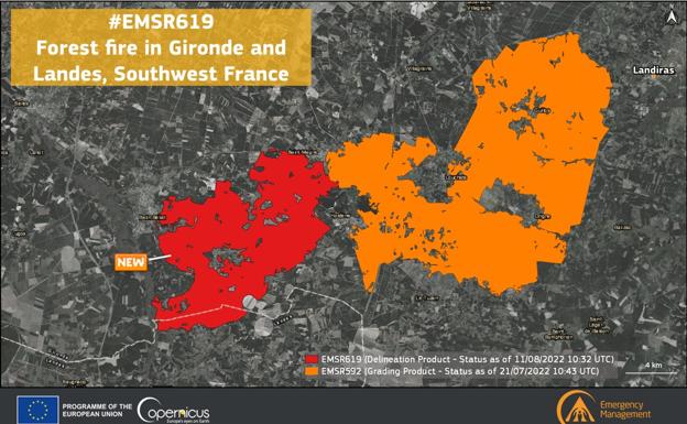 En rojo, el área quemada por el actual incendio. En naranja, la del fuego de julio. Son imágenes del satélite Copernicus captadas este miércoles. 