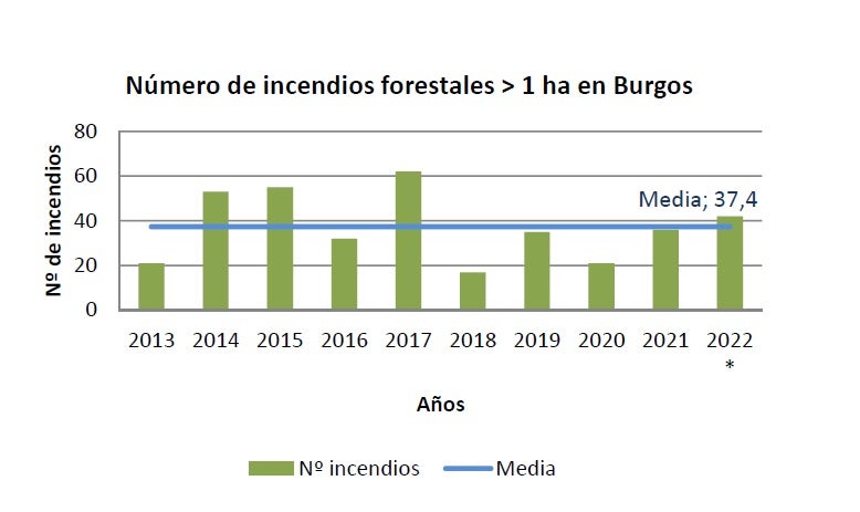 Número de incendios forestales en la última década en Burgos. 