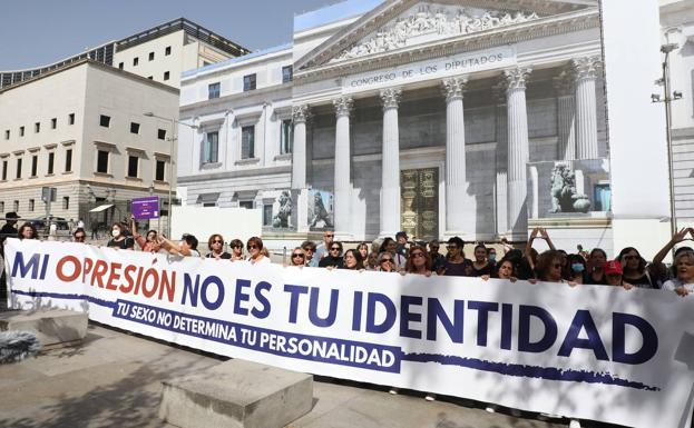 Feministas contrarias a la aprobación de la ley LGTBI-Trans se manifestaron esta semana frente al Congreso. 