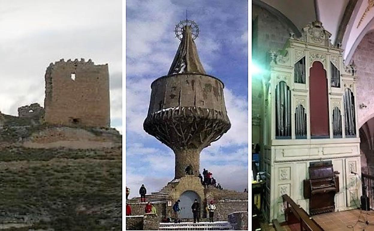 El castillo fortaleza de Torregalindo, el monumento a la Virgen de la Antigua-Txarlazo y el órgano de la iglesia de San Martín de Briviesca. 