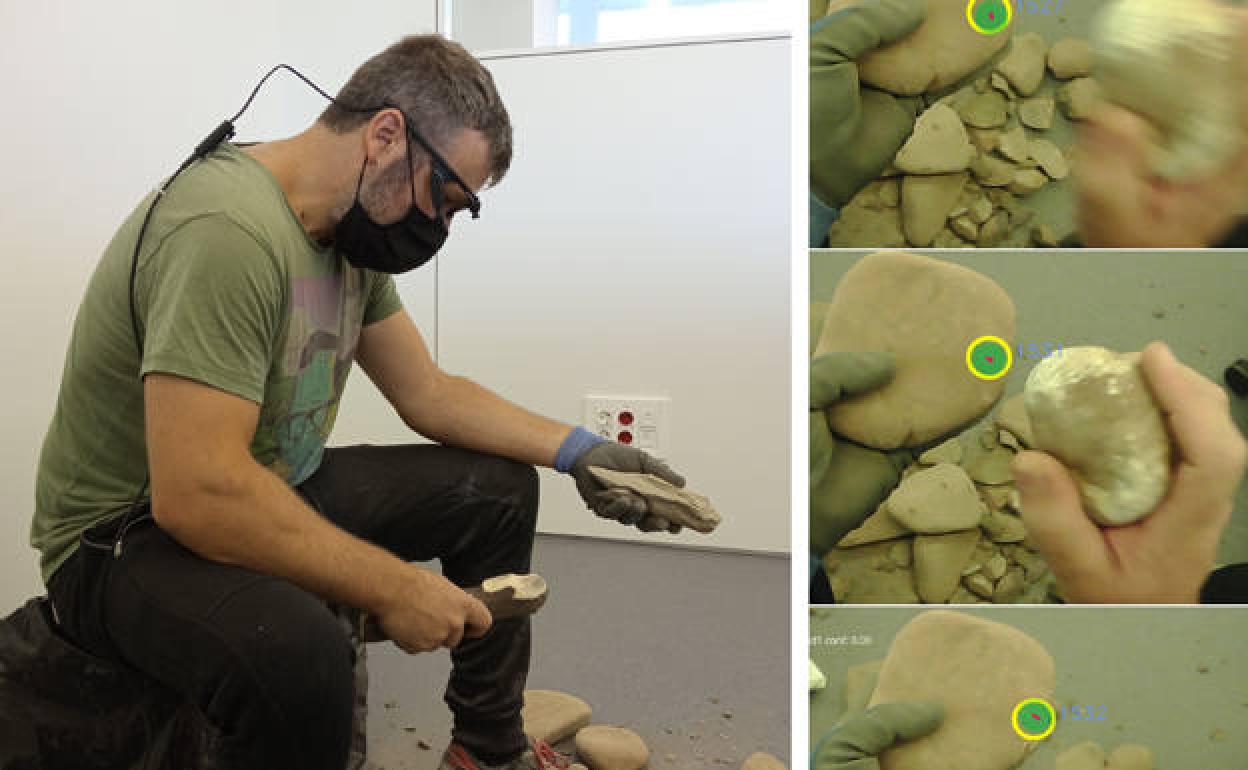 Tallador durante la elaboración de un bifaz con gafas de seguimiento ocular y secuencia de la talla. El círculo indica la posición de la mirada en ese momento. / 