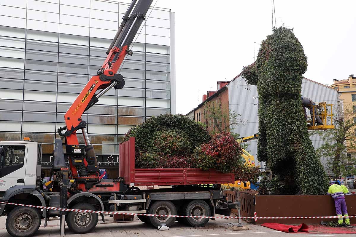 Comienza la retirada del peregrino de flores gigante que la Fundación VIII Centenario de la Catedral instaló hace poco más de un año frente al Fórum Evolución. 