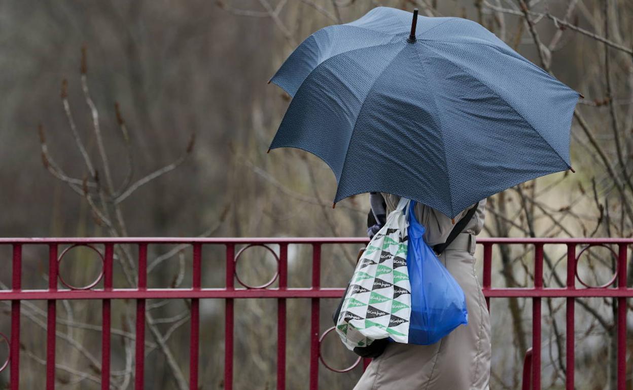 Una mujer se protege de la lluvia y el viento con un paraguas. 