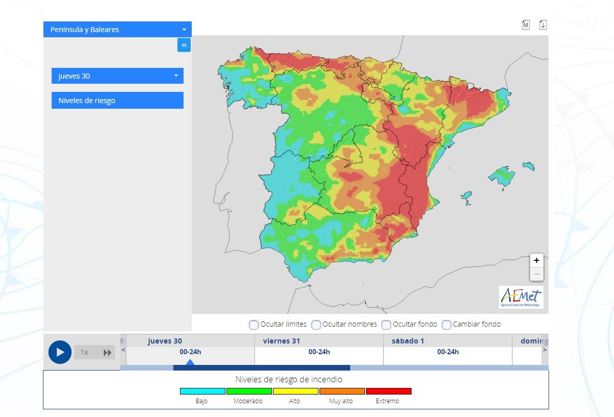 La AEMET actualiza a diario sus predicciones sobre riesgo de incendios en ESpañ.a