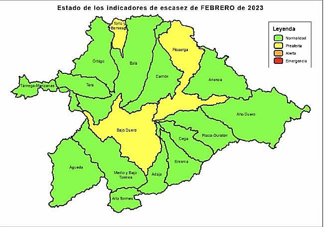 Situación de las cuencas de la Confederación Hidrográfica del Duero a febrero de 2023.