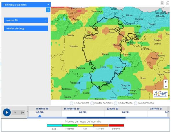 Previsión de riesgo de incendios para el martes 18 de abril.