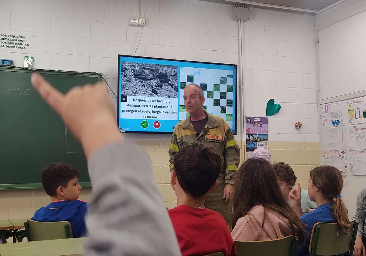 Un agente medioambiental impartiendo el taller en el CEIP Saturnino Calleja de Quintanadueñas.