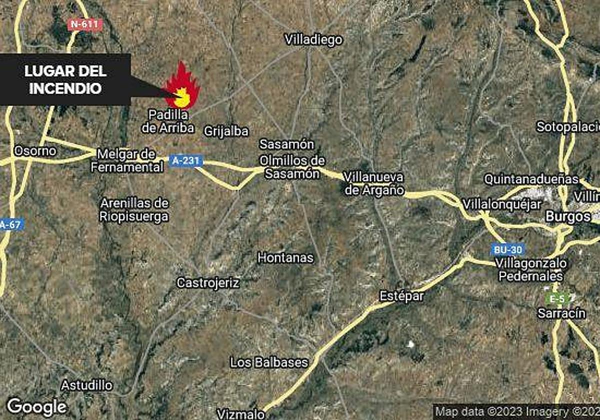 Mapa del lugar del incendio en la provincia de Burgos.