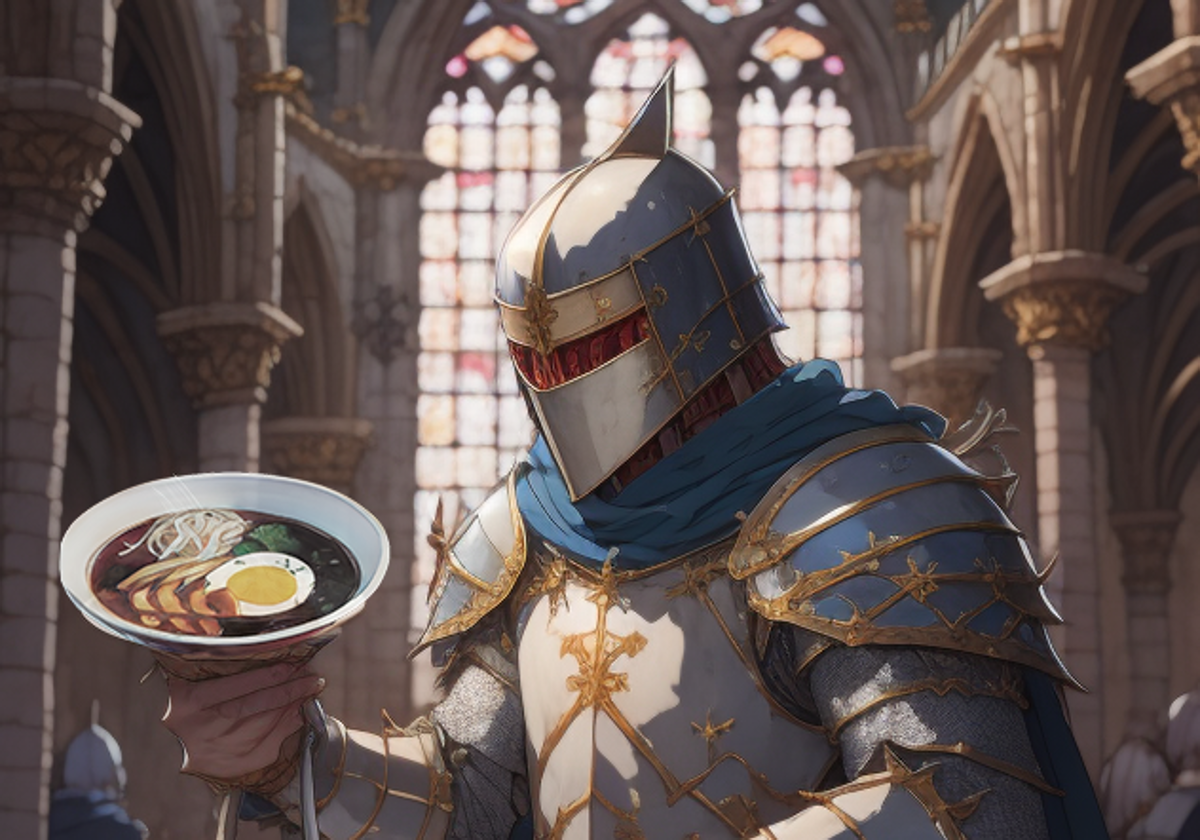 Imagen generada con IA del Cid comiendo ramen en la Catedral de Burgos.