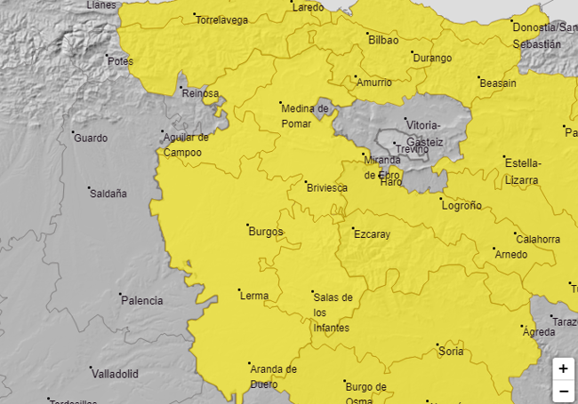 Mapa de Burgos con los avisos por tormentas y lluvias