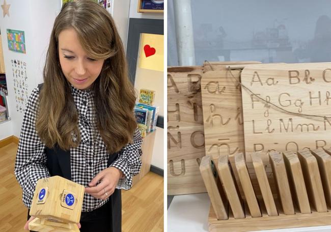 Cristina Juárez muestra los juegos de madera creados en su centro de Burgos.