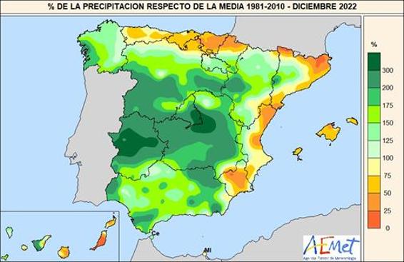 Lluvias en España respecto a las precipitaciones normales de un mes de diciembre. 