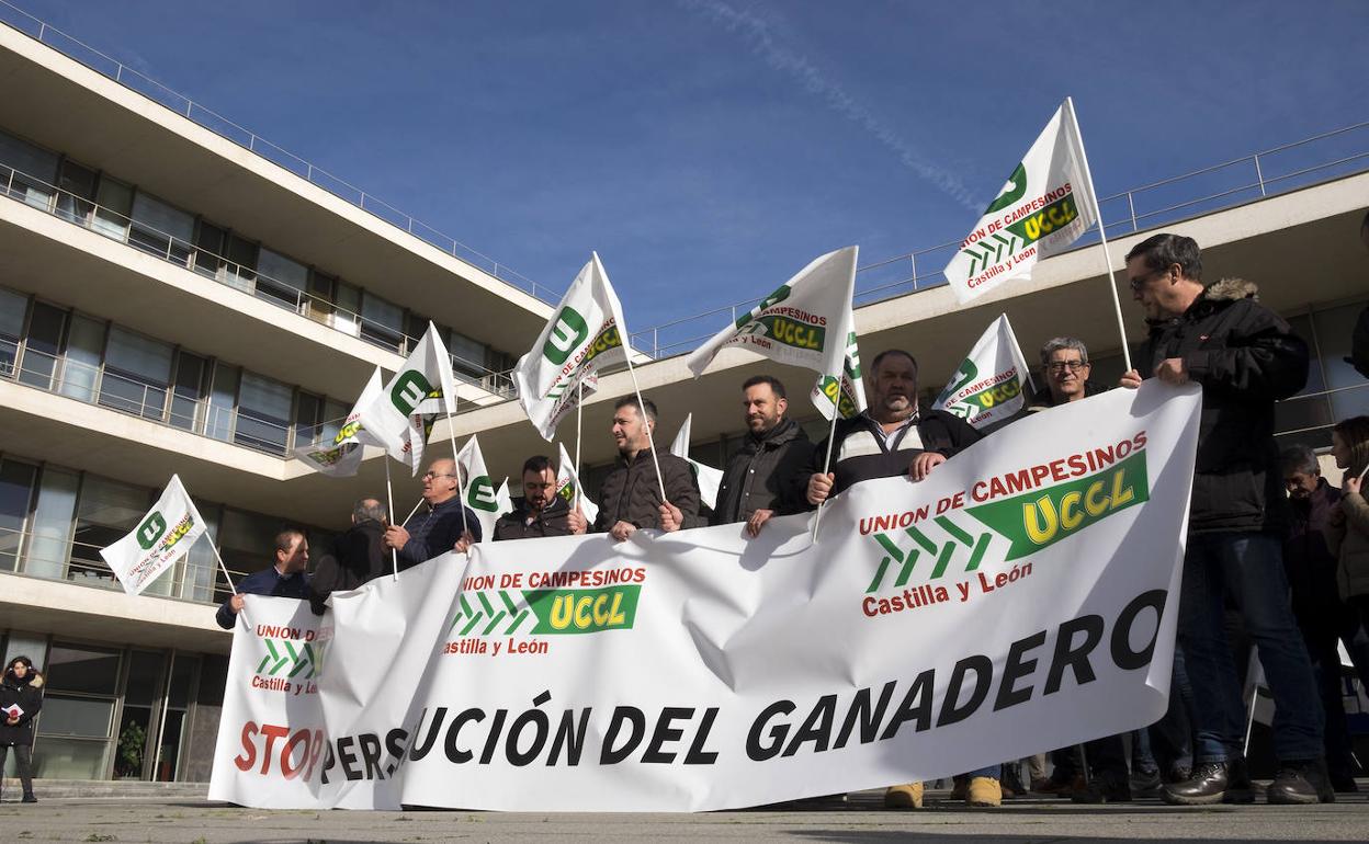 Los representantes de UCCL durante la concentración frente al Servicio Territorial de Agricultura y Ganadería en Salamanca. 