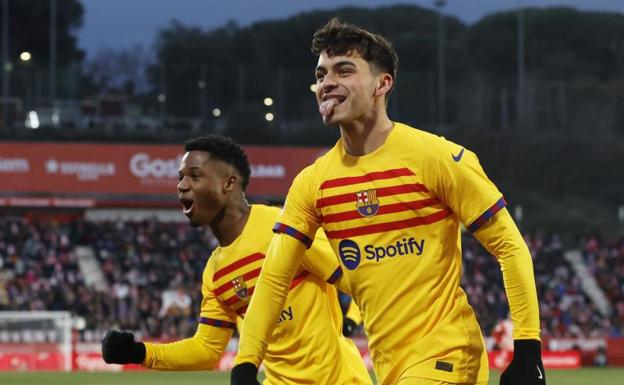 Pedri celebra el gol del triunfo azulgrana ante el Girona.