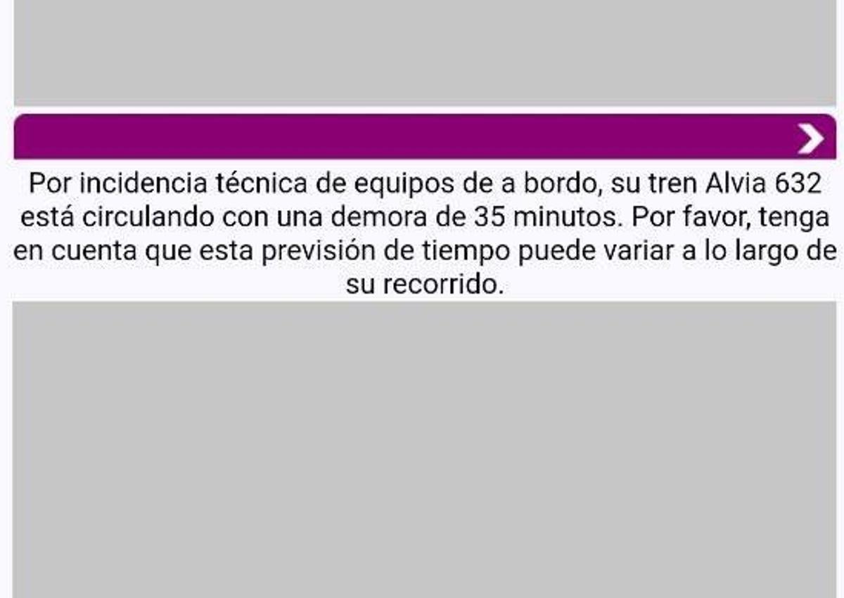 Imagen secundaria 1 - Mensaje aportados por Renfe para informar del retraso a los pasajeros