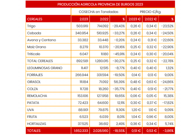 Producción agricola comparativa en superficie y precios con respecto a 2022.