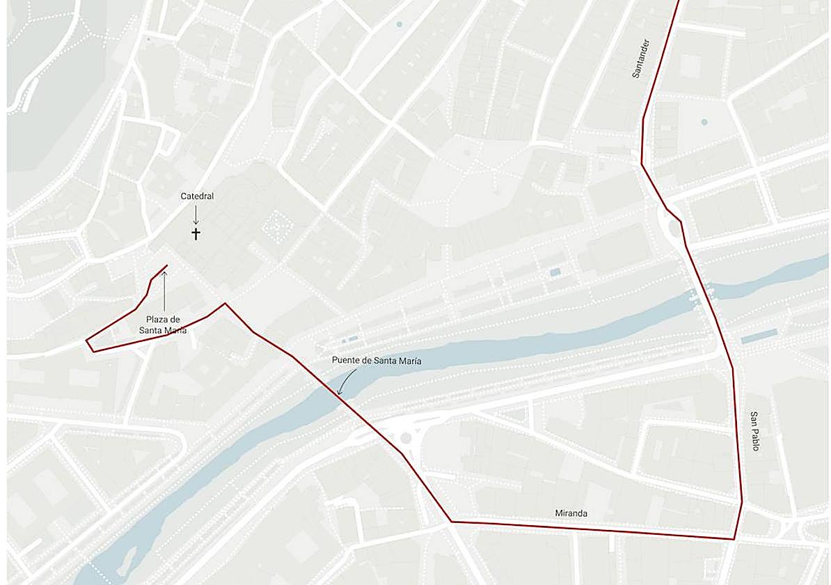 Mapa con el recorrido de la procesión del Santo Entierro de Burgos.