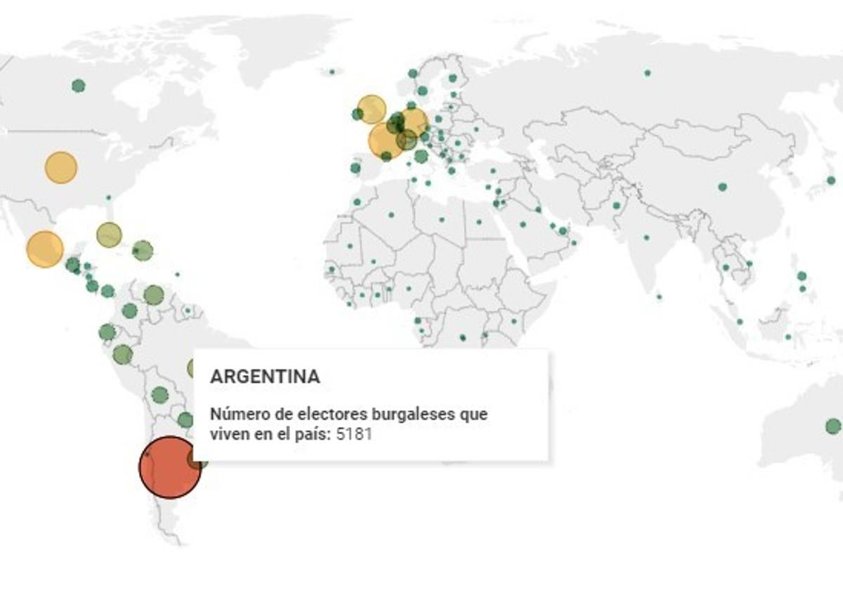 Reparto de votantes burgaleses por países.