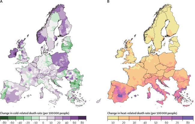 Cambios proyectados en la tasa de mortalidad en Europa y sus factores determinantes para el año 2100. Cambio esperado en las tasas de mortalidad estandarizadas regionales relacionadas con el frío (A) y el calor (B) para 2100 (para un aumento de 3 °C en el escenario de calentamiento global y la población proyectada en 2100).