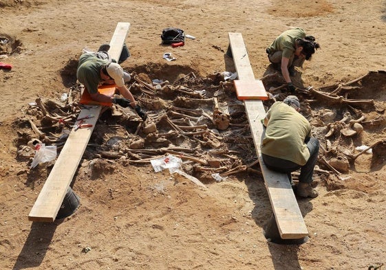 Trabajos de exhumación en una de las fosas del monte de Estépar.