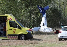 Ambulancia y Guardia Civil junto a los restos de la avioneta siniestrada.