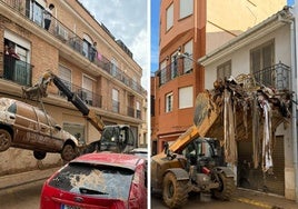 Voluntarios burgaleses limpiando las calles de Catarroja, Valencia.