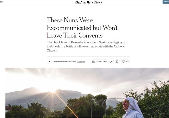 Captura del reportaje que The New York Times publica sobre las exmonjas de Belorado.