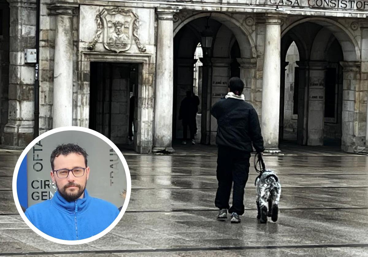 Amancio, veterinario de Burgos, a la izquierda. A la derecha, un perro pasea por la Plaza Mayor.