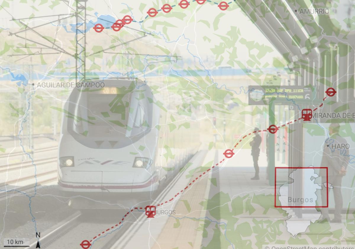 Mapa con los apeaderos y estaciones de tren en la provincia de Burgos.