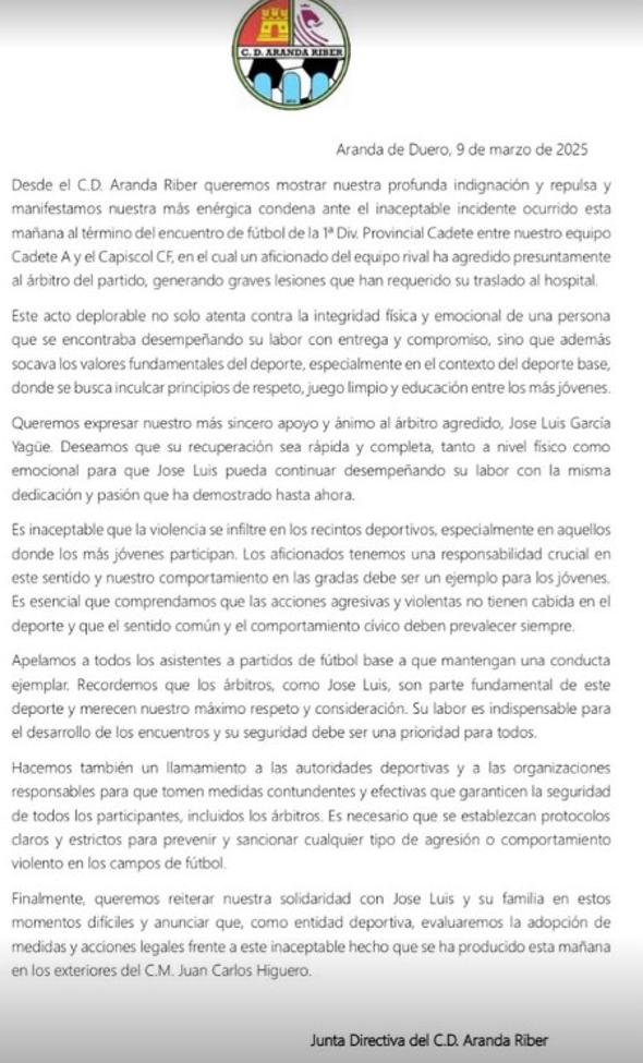 Comunicado compartido en Instagram por el club CD Aranda Riber.
