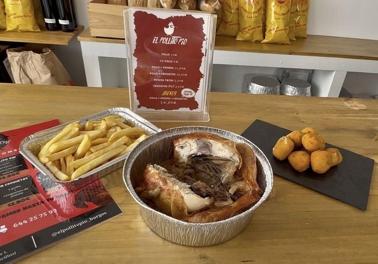 Combo 'Pollito Pío' que incluye 1 pollo, patatas, croquetas de jamón y bebida.
