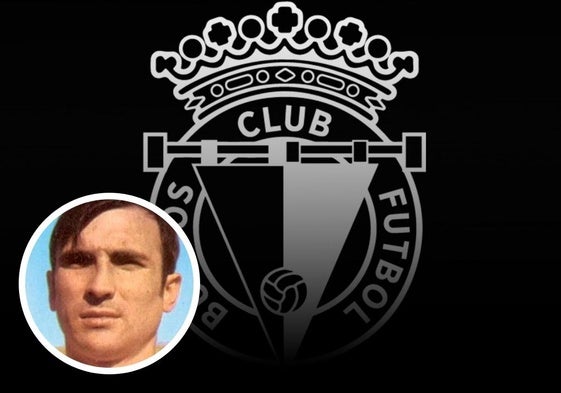 Foto de Raúl en una de las temporada de Primera División sobre el escudo del Burgos CF