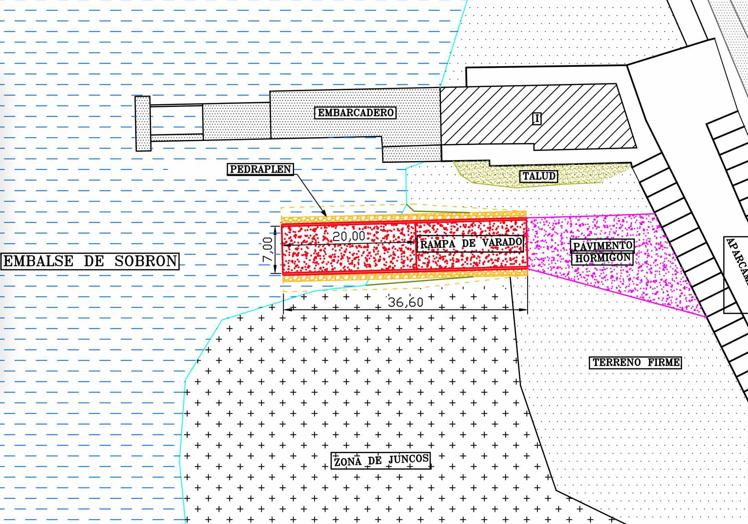 Esquema de embarcadero y la zona de la rampa de varado (en rojo)