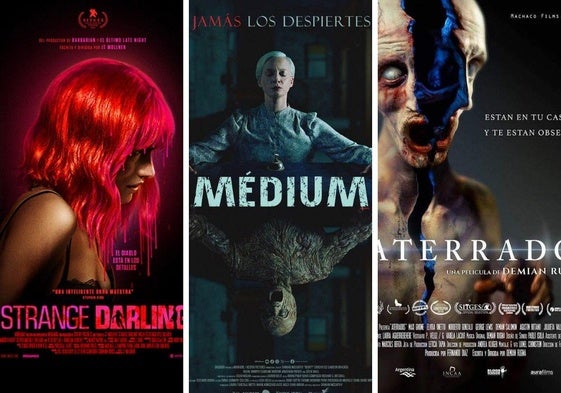 Carteles de las películas 'Strange Darling', 'Oddity' y 'Aterrados'.
