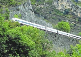 Un tren por la vía convencional en las cercanías de Pancorbo.